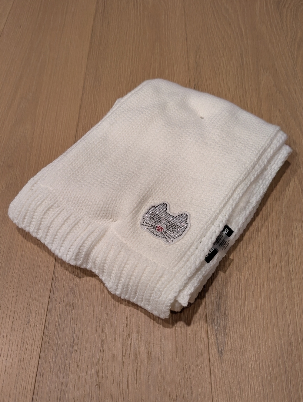 White Knit Scarf with Cat Patch